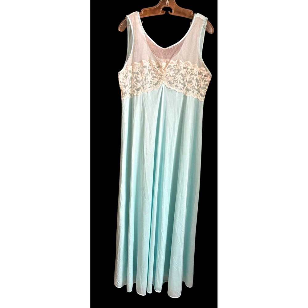Vintage 70s Adonna Maxi Nightgown Size Large Aqua Nylon Slip Dress Lace Bodice